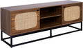 sweeek - Meuble TV en décor Bois et cannage Arrondi 140cm. piètement et poignées en métal Noir