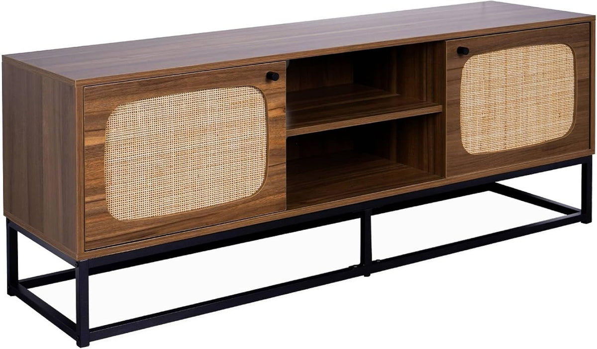 sweeek - Meuble TV en décor Bois et cannage Arrondi 140cm. piètement et poignées en métal Noir