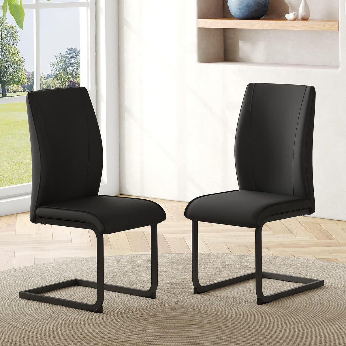 Chaises en Simili Cuir 43 x 44.5 x 99 cm, Base Cantilever métallique, Lot de 2 chaises pour Salle à Manger, Salon ou Bureau (Black)