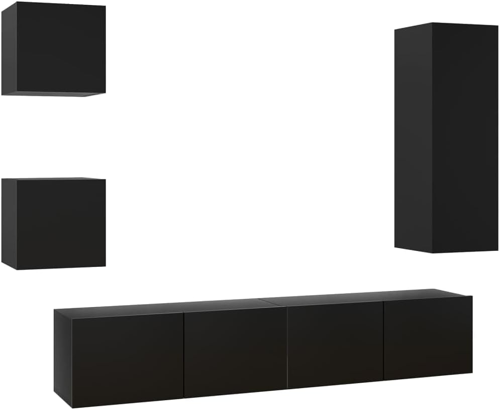 vidaXL Ensemble de Meuble TV 5 pcs Suspendu Mural Ensemble d'Armoires Stéréo Salon Salle de Séjour Maison Intérieur Noir Aggloméré