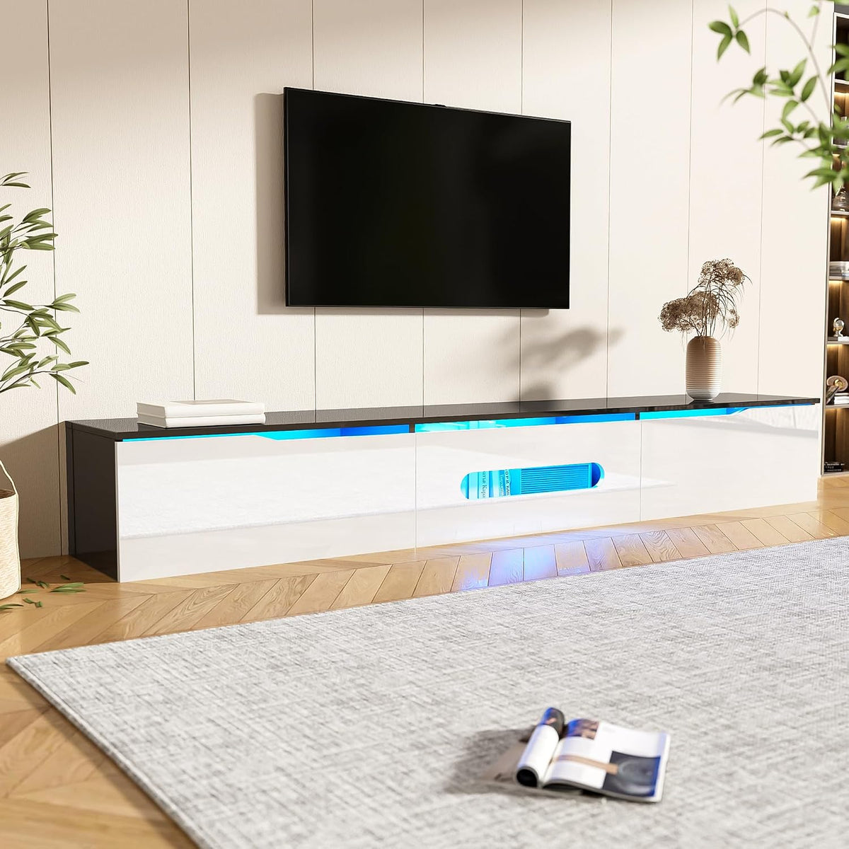 BTM Meuble TV Blanc et Noir avec Éclairage LED, Meuble TV Moderne avec Rangement, Meuble Télé 180cm pour Salon, Suspendu ou au Sol