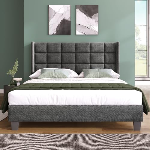 Temdlerpp Lit capitonné Adulte 140x200cm Lit Double rembourré en Lin avec Tête de lit Haute et Sommier à Lattes - Gris