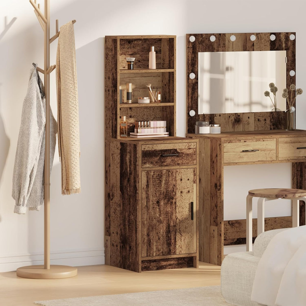 Buffet haut étroit en bois recyclé massif, 40 x 41 x 135 cm, marron, style maison de campagne rustique vintage avec tiroir et étagères