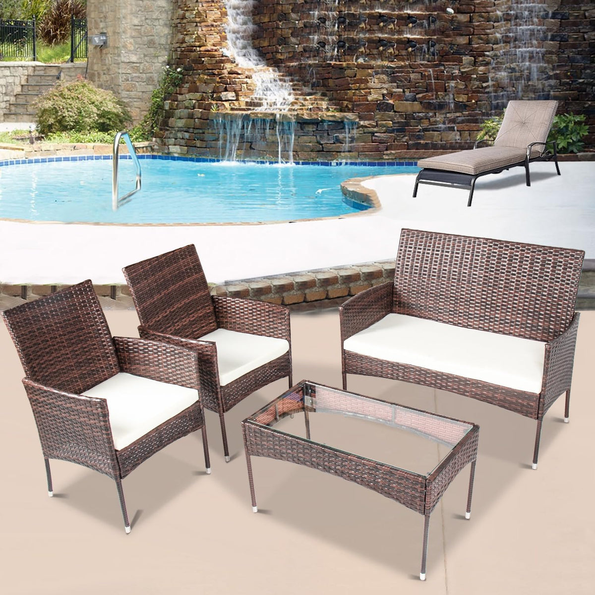 Ensemble Terrasse Exterieur Mobilier Salon de Jardin en Résine, 2 Fauteuils, 1 Canapé 2 Places et 1 Table Tressée pour Terrasse, Jardin, Balcon