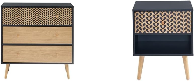 BAÏTA - Commode Capucine Noir et Effet chêne 78cm & Table de Chevet Capucine Noir et Effet chêne 40cm