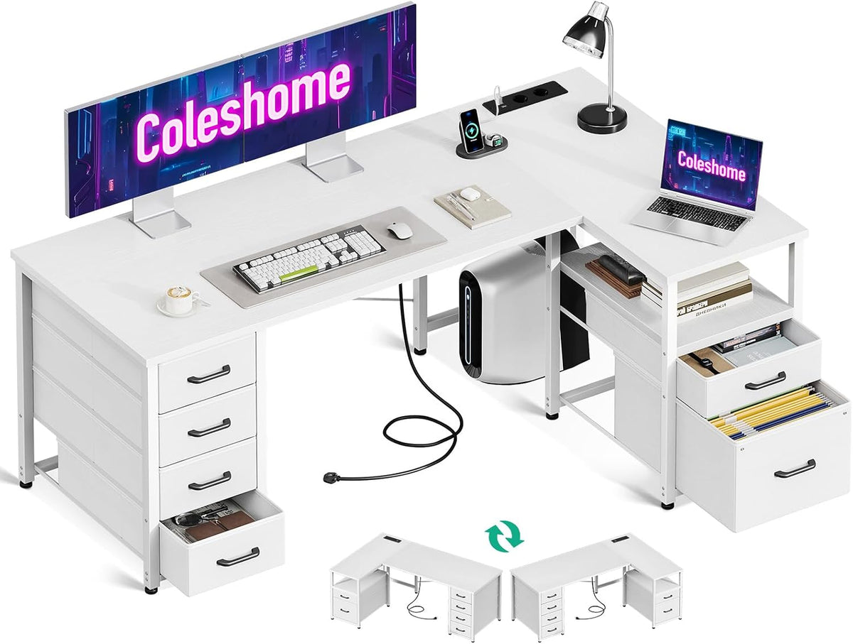 Coleshome Bureau d'angle avec Tiroirs en Tissu, 140x80cm Réversible Bureau en L avec Tiroir Classeur