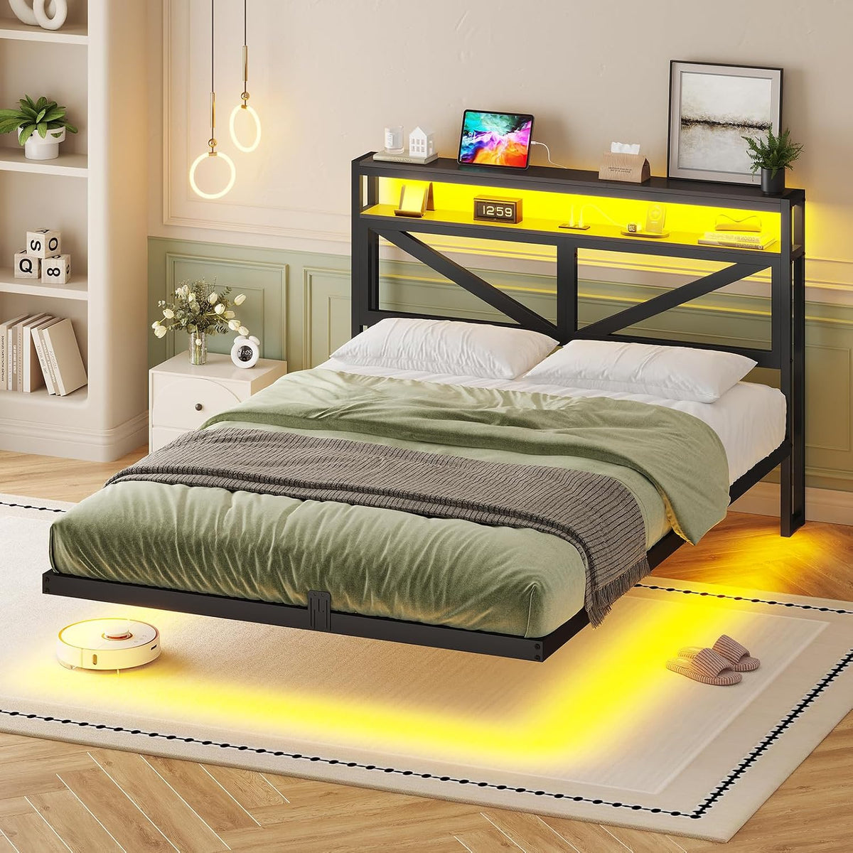 AOGLLATI Lit Flottant 140x190 avec Sommier en Métal, Cadre de Lit 140x190 LED 360° Réglable avec 3 Ports de Charge,2 Étagères de Rangement Ouvertes