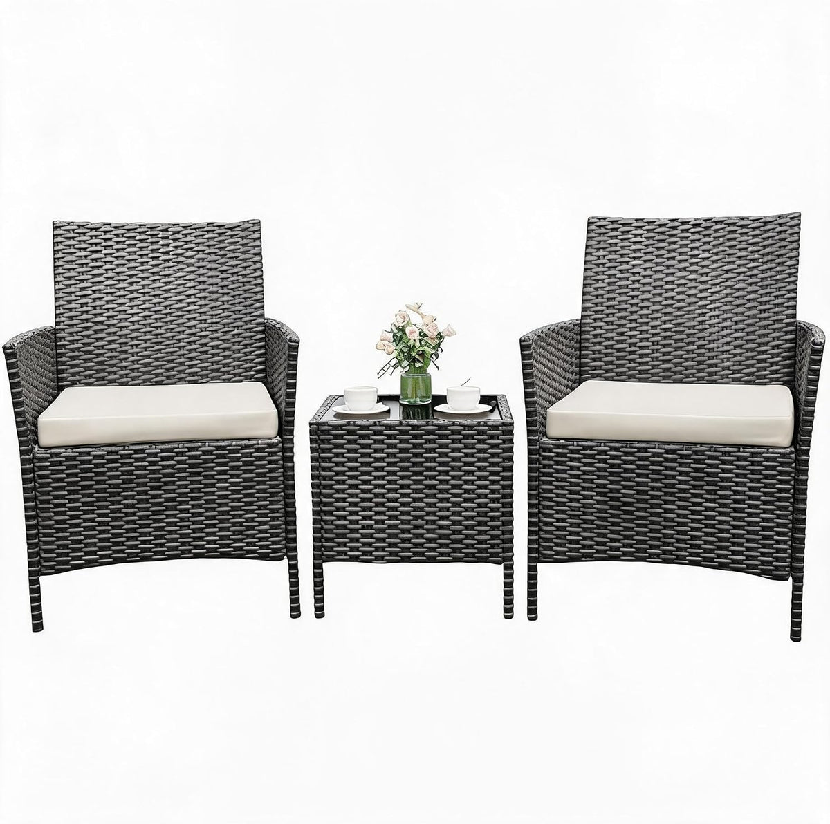 Ensemble bistrot de Jardin 3 pièces - Mobilier supplémentaireérieur Moderne et Robuste - 2 fauteuils avec Coussins Doux + Table Basse en Verre