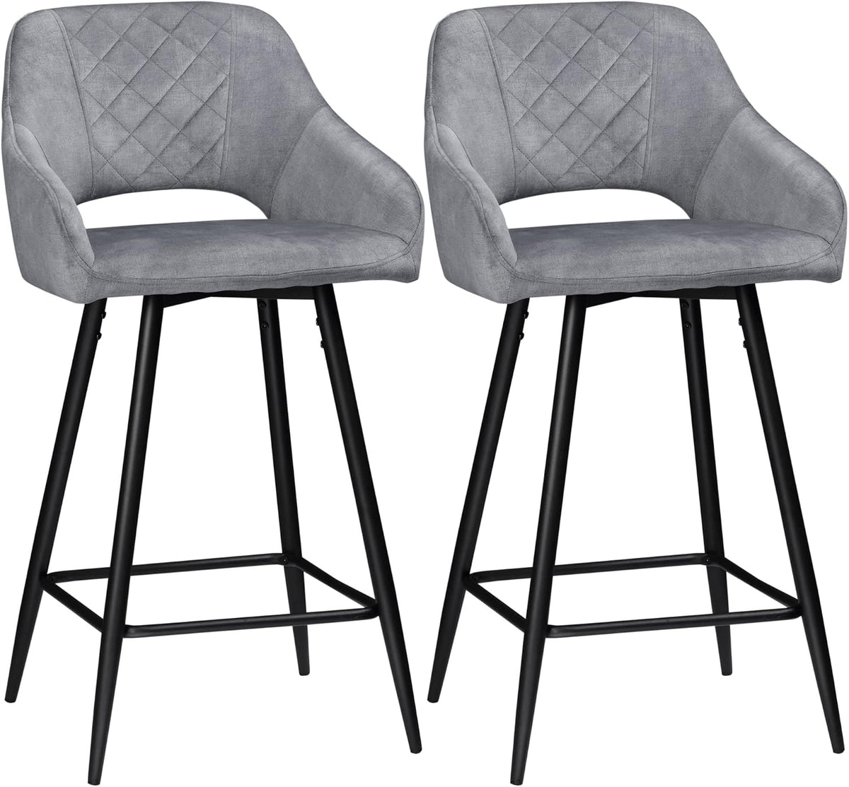 HOMCOM Lot de 2 Tabourets de Bar en Velours Chaises Bar Hautes Pieds en Métal Noir avec Repose-Pieds, accoudoirs Hauteur 67 cm - Gris