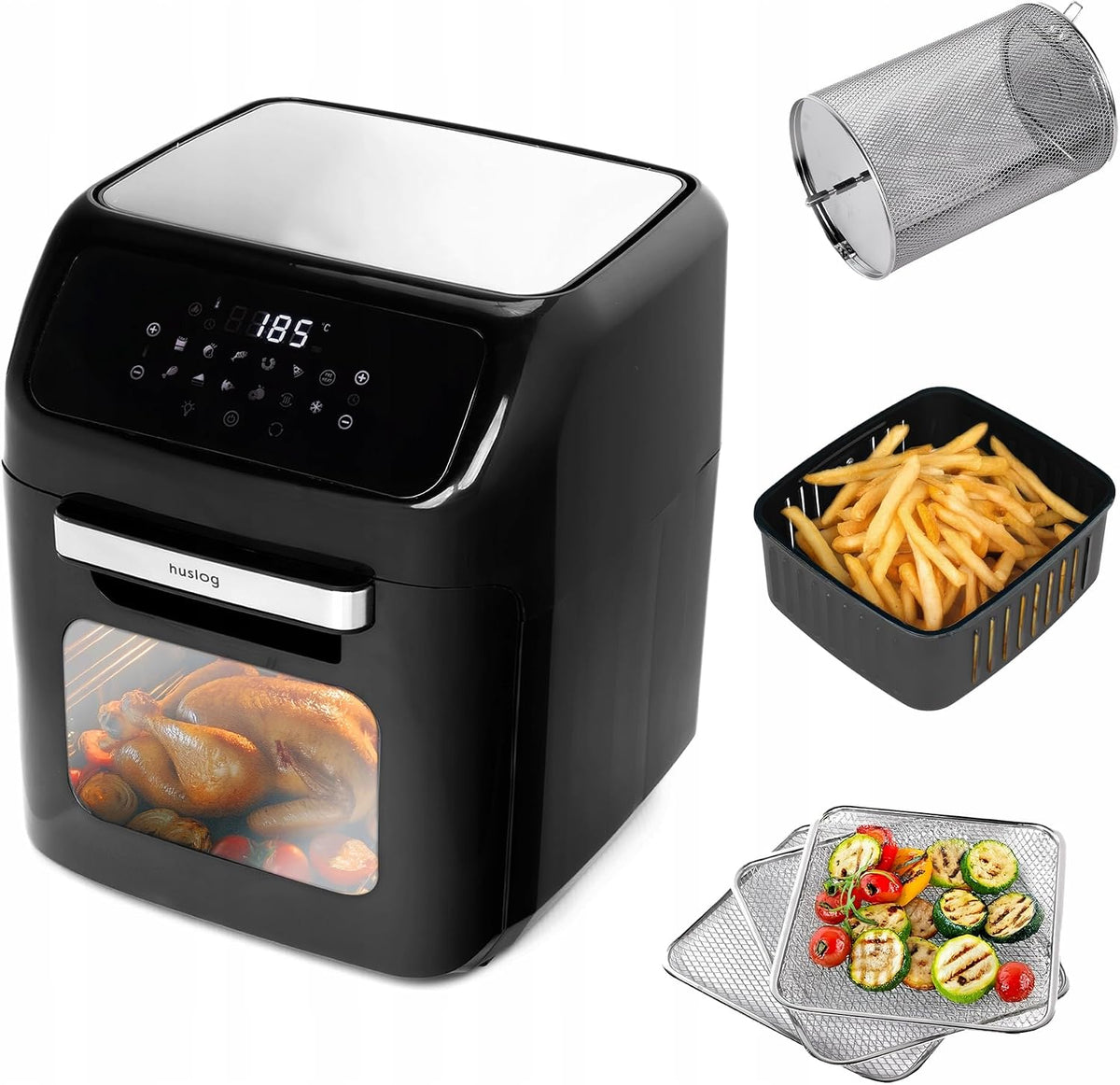 Friteuse à Air XXL 12L, Mini Four 1800W, 12 Programmes, Écran Tactile LED, Hublot, Panier Rotatif, Broche et Grilles Amovibles