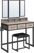 VASAGLE Coiffeuse, Table de Maquillage avec Tabouret Rembourré, avec Miroir Triple, 3 Tiroirs, Porte-sèche-cheveux, Pot, Style Industriel