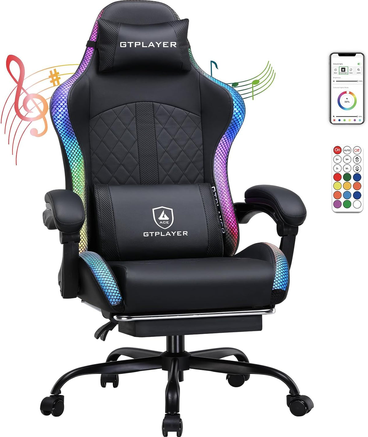 GTPLAYER Chaise de jeu, chaise de bureau, chaise de jeu avec haut-parleur et barre lumineuse, chaise gamer, dossier avec sac de rangement