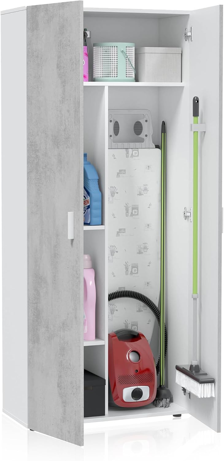 Habitdesign Armoire multifonction 2 portes et 3 étagères, 182 x 80 x 37 cm (H x l x P) Blanc « Artik » et gris ciment
