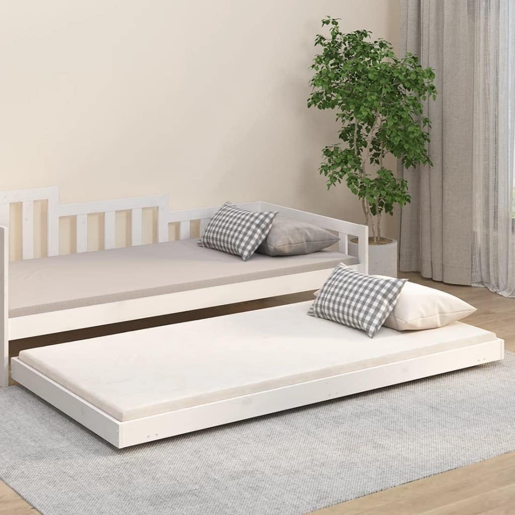 Lit en bois massif blanc 90 x 200 cm Cadre en pin avec roulettes et sommier à lattes, simple peu encombrant pour chambre à coucher, chambre d'amis