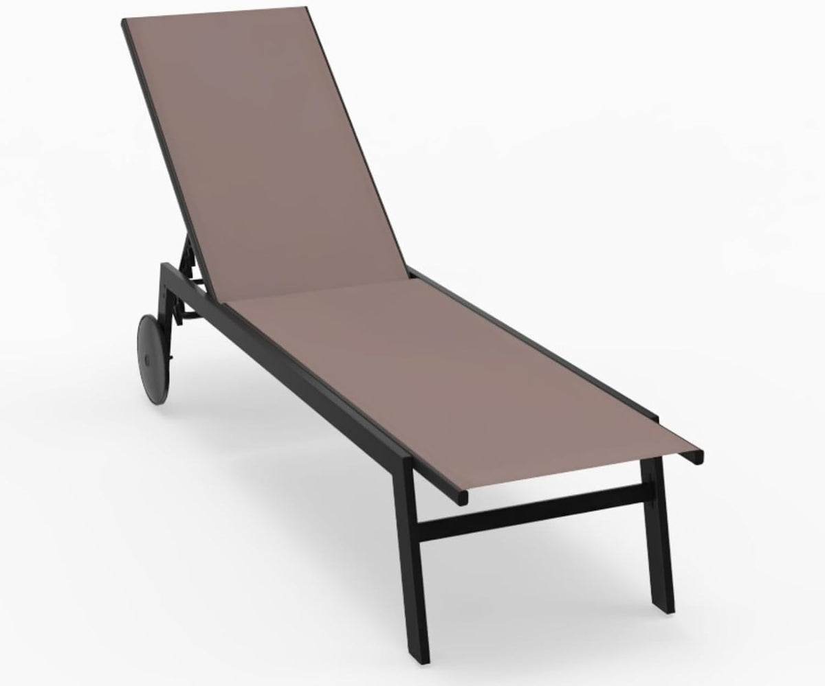 COSTWAY Bain de Soleil avec 2 roulettes, Chaise Longue Jardin Exterieur Réglable en 6 Positions, Tissu Respirant, Structure en Métal