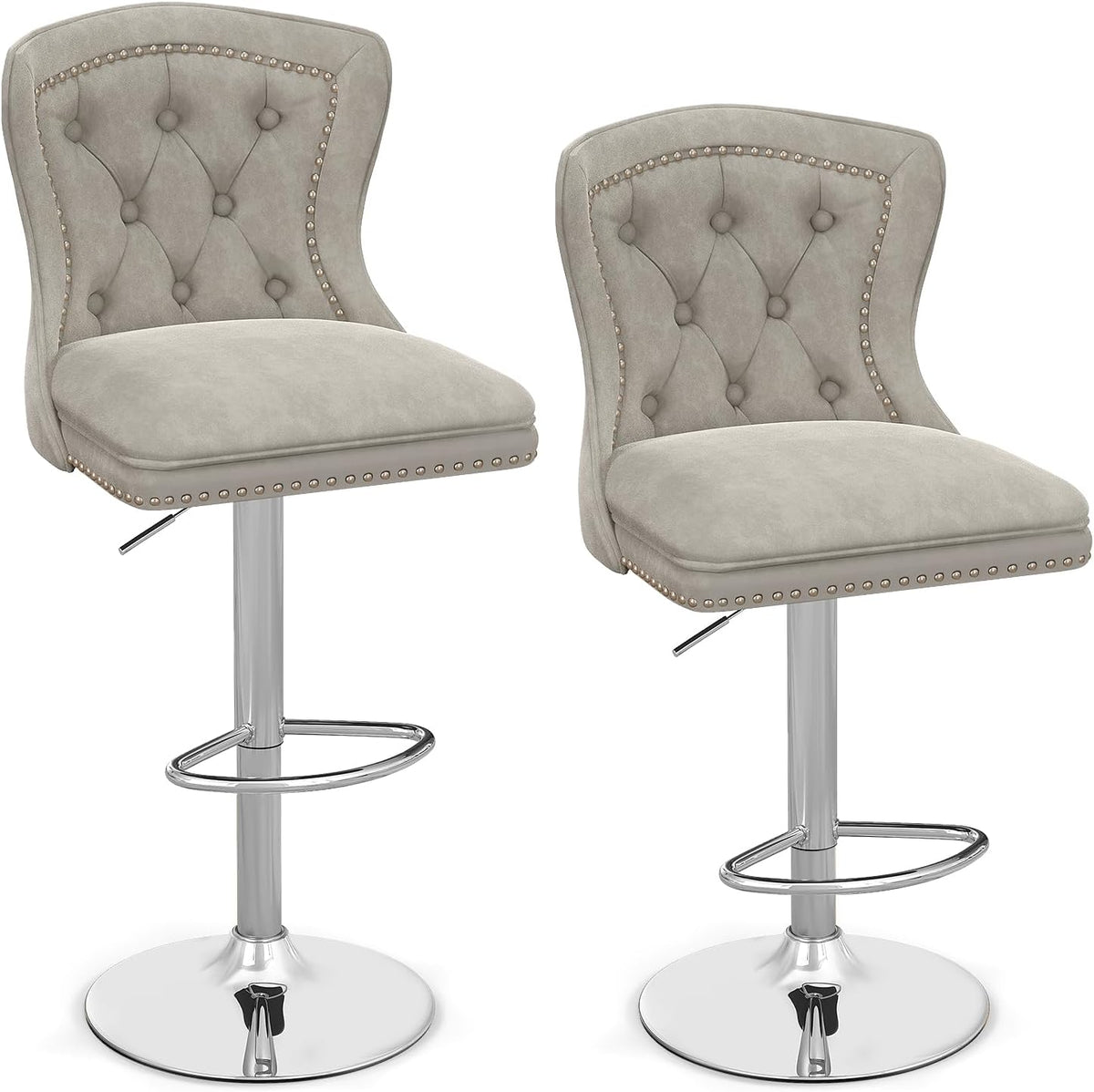 COSTWAY Tabourets de Bar Velours Lot de 2, Chaise de Bar Pivotants avec Dossier Haut, Repose-Pieds, Hauteur Assise Réglable 67-87 cm, Cadre en Métal