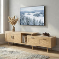 Meuble TV 180, Longueur Réglable, Banc TV Effet Rotin Cannage pour TV jusqu'à 75 Pouces, avec Tiroirs et Porte, Style Bohème Scandinave
