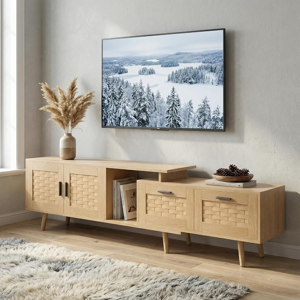 Meuble TV 180, Longueur Réglable, Banc TV Effet Rotin Cannage pour TV jusqu'à 75 Pouces, avec Tiroirs et Porte, Style Bohème Scandinave