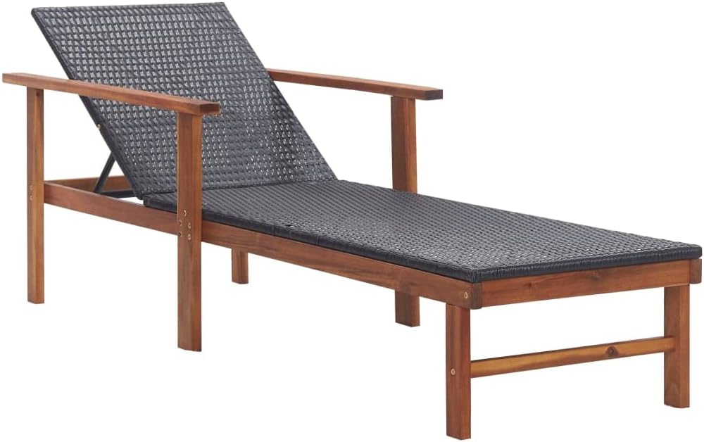 Chaise Longue Bain Soleil en résine tressée et Bois d'acacia Massif Noir, transat inclinable avec accoudoir