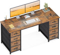 Coleshome Bureau avec 8 Tiroirs en Tissu, 140x48cm Bureau avec Rangement Table d'ordinateur Robuste, Table Informatique pour Salon Domicile, Marron