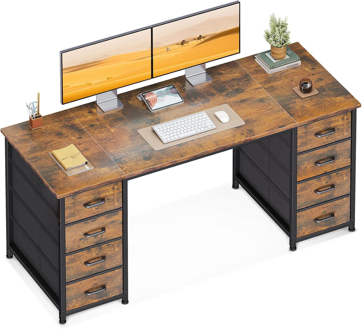 Coleshome Bureau avec 8 Tiroirs en Tissu, 140x48cm Bureau avec Rangement Table d'ordinateur Robuste, Table Informatique pour Salon Domicile, Marron