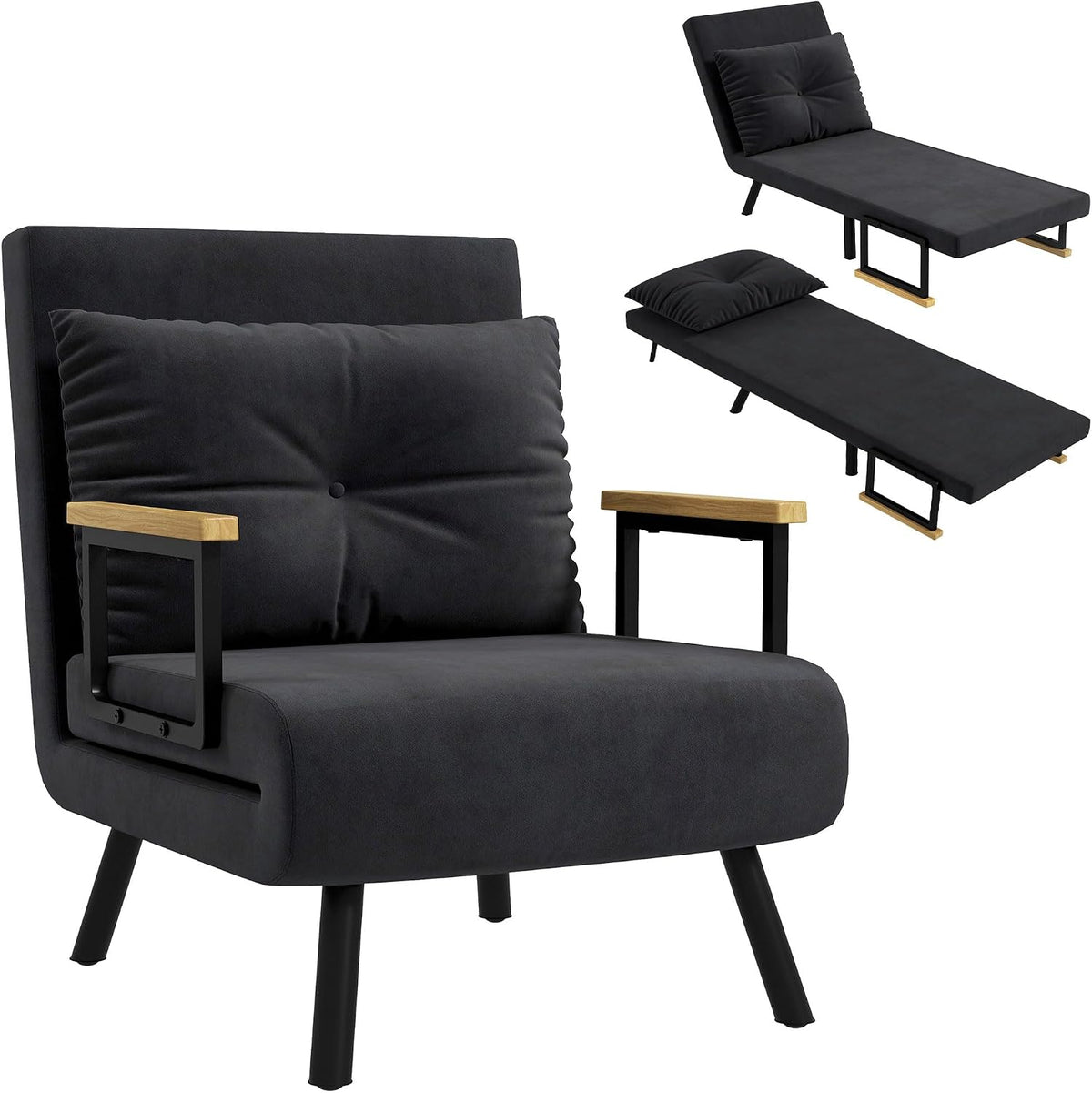 HOMCOM Fauteuil Convertible 1 Place, Fauteuil-lit chauffeuse 3 en 1 avec Dossier réglable 5 Positions, Oreiller, siège rembourré