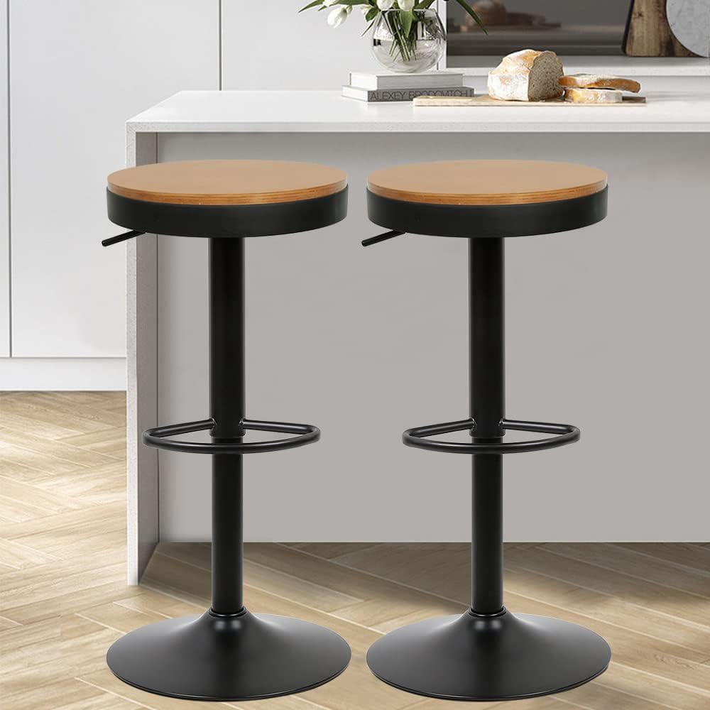 Supfine Lot de 2 Tabourets de Bar en Bois, Hauteur Réglable, Pivotants, Noir et Marron, Chaise de Bar Vintage, 360° Rotation pour Bistrots, Bar