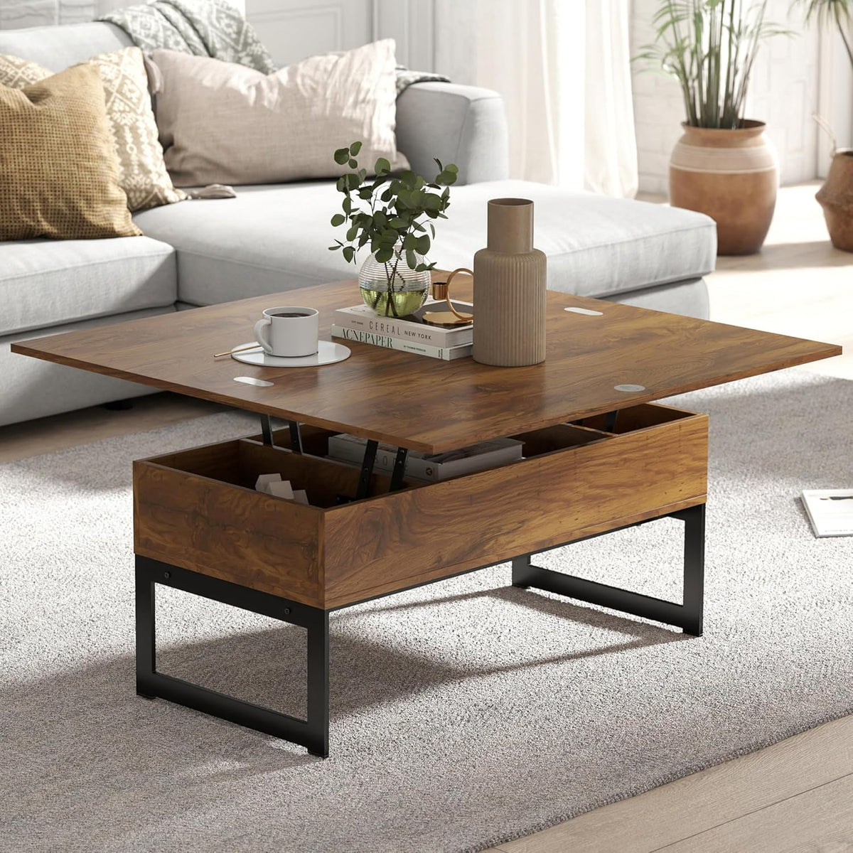 Table Basse Relevable, Tables Basse Extensible Multifonctionnelle 4 en 1 pour Salon, avec 3 Cases de Rangement Cachées