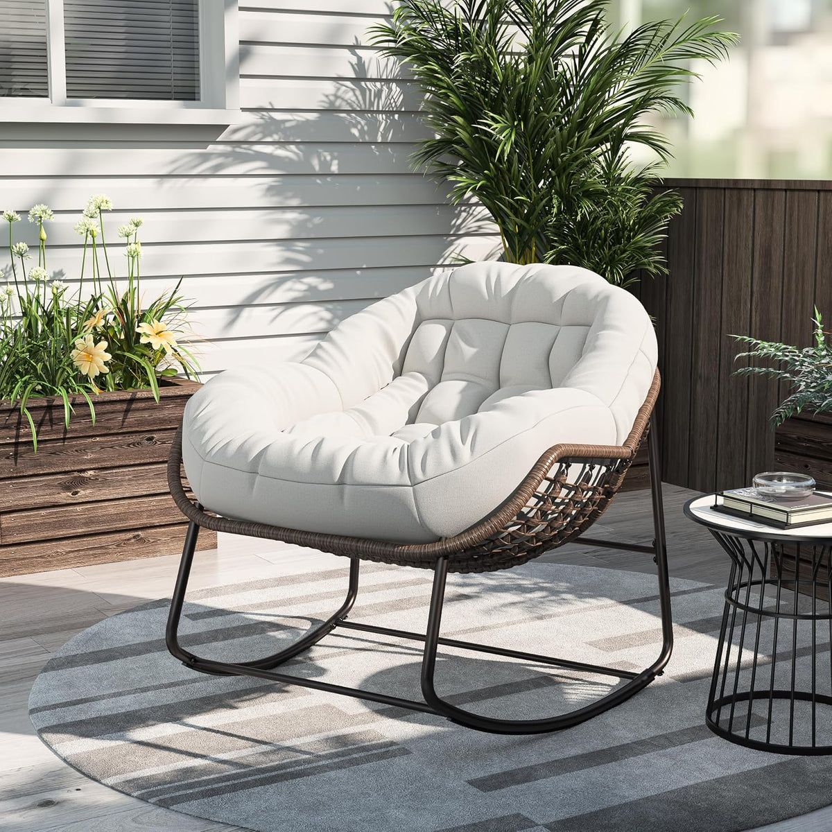 Chaise à Bascule en Forme d'œuf, Fauteuil à Bascules en rotin avec Rembourrage, Chaise à Bascule pour l'intérieur et l'extérieur, Support en Acier