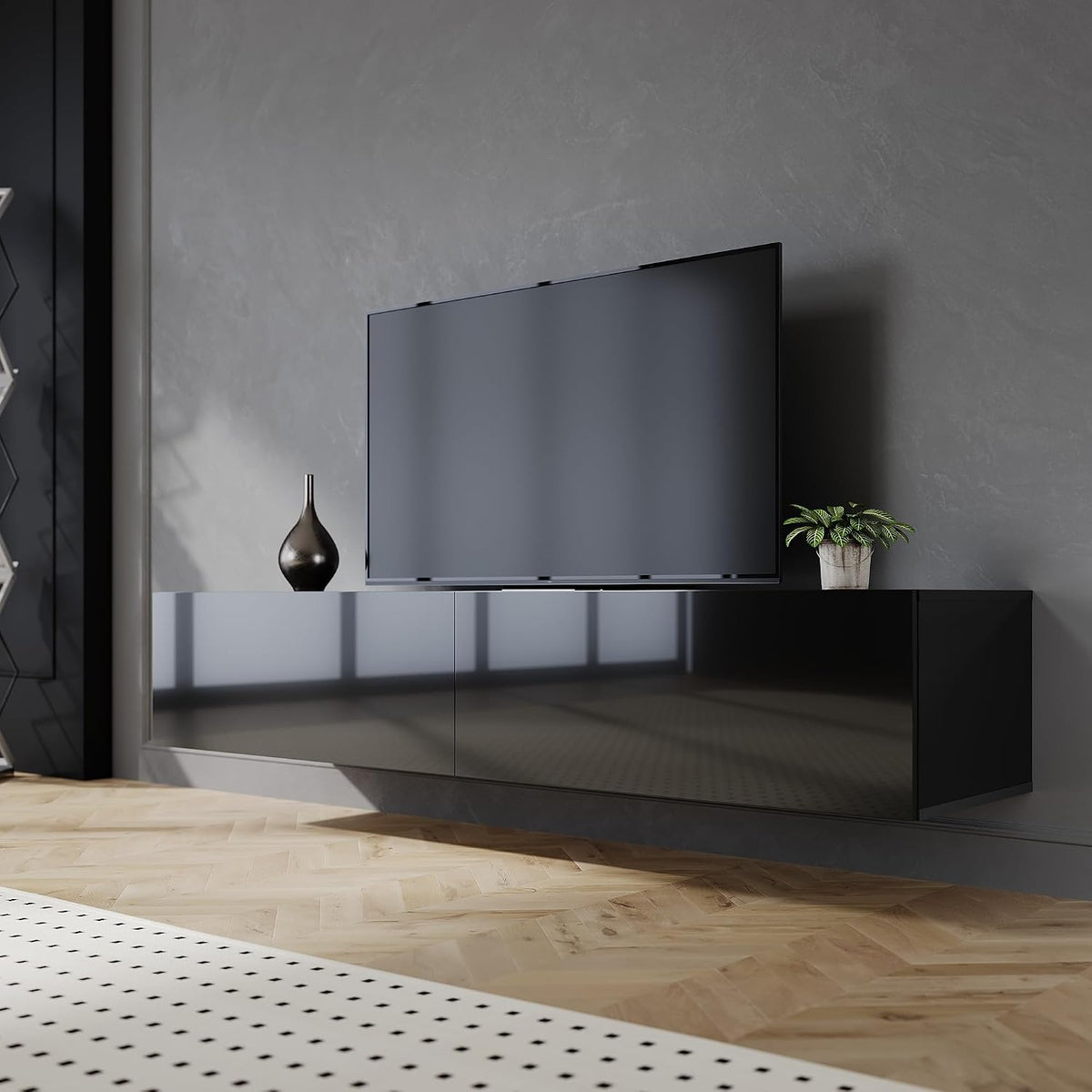 SIRHONA Meuble TV Noir, Meuble Tele Peut être Suspendu ou Posé au Sol, 2 Placards avec Portes, Super Espace de Rangement, 160x40x30cm