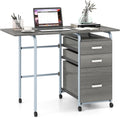 COSTWAY Bureau Pliable avec 3 Tiroirs, Table d'Écriture Roues Verrouillables, Bureau à Domicile Roulant avec Cadre en Métal, Compact pour Dortoir