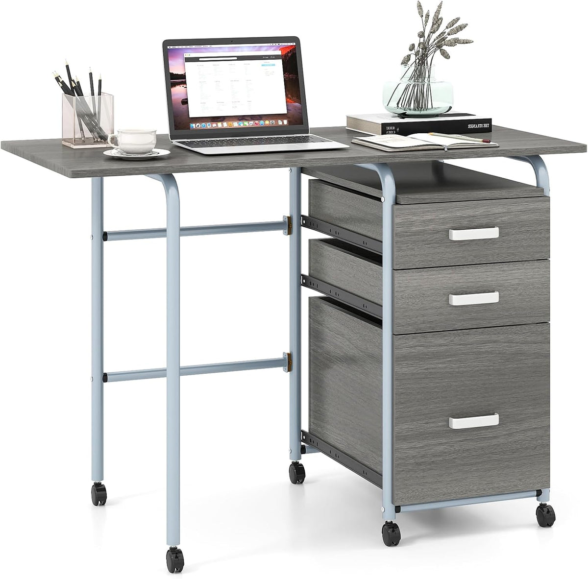 COSTWAY Bureau Pliable avec 3 Tiroirs, Table d'Écriture Roues Verrouillables, Bureau à Domicile Roulant avec Cadre en Métal, Compact pour Dortoir