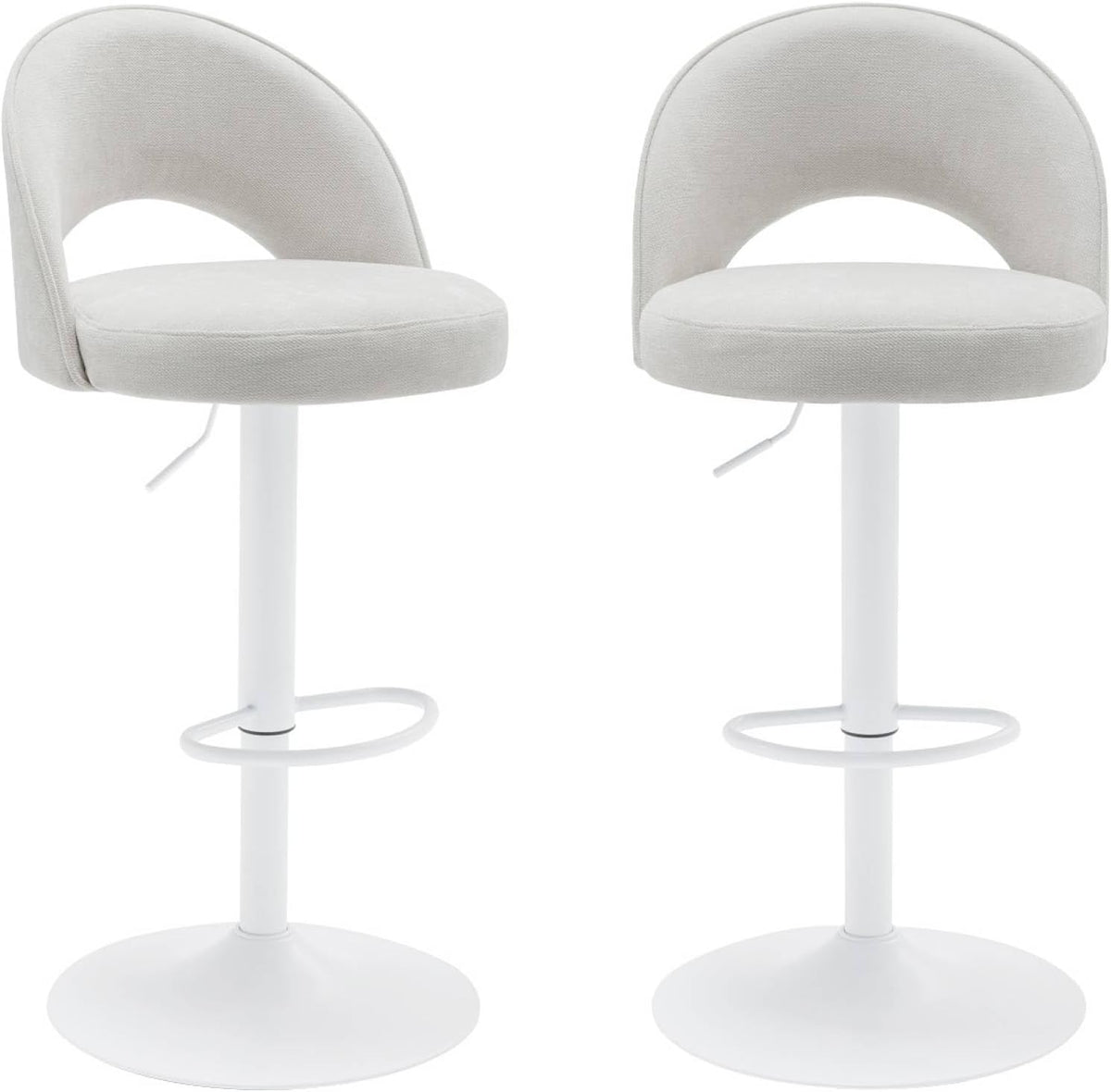 sweeek - Lot de Deux tabourets de Bar Ajustables métal et Tissu Blanc cassé. Pied Blanc - L 49 x P 49 x H 88.5-110cm - Abby