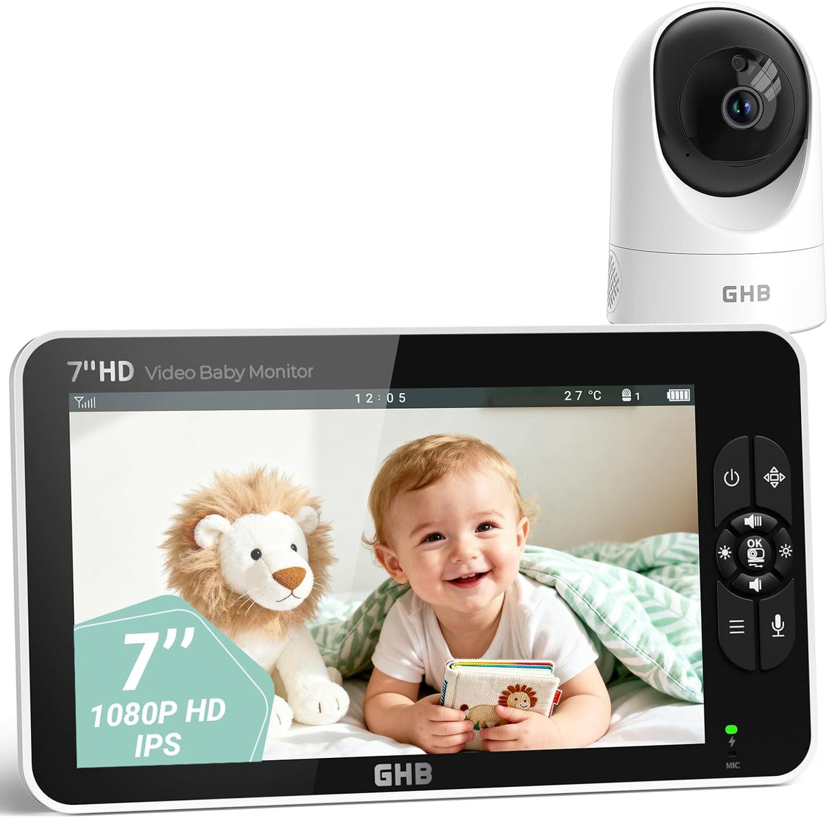 GHB Caméra de surveillance pour bébé 7 pouces IPS 1080P Écran Durée 168 heures Batterie de 4000 mAh Babyphone Support 2 Caméras 4 × Zoom Communication