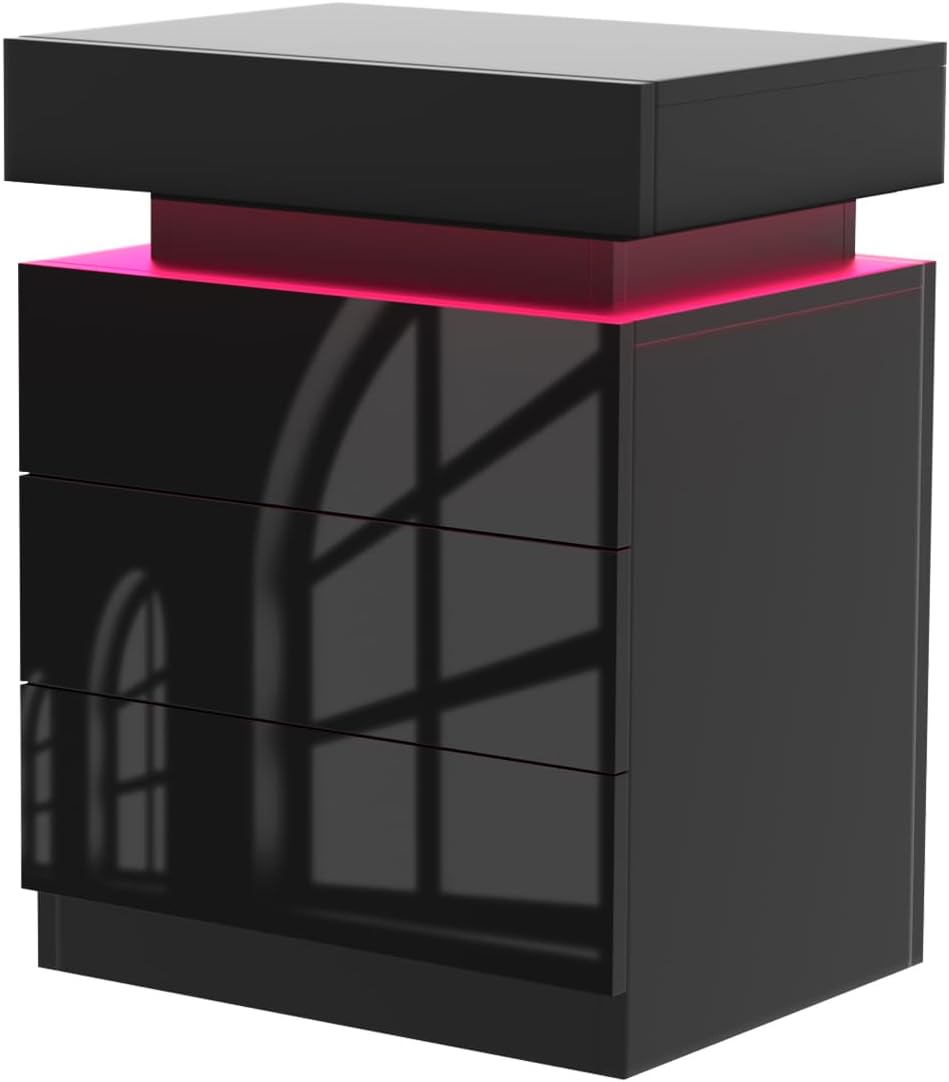 Table de Chevet avec Bande LED Multicolore Réglable, Table de Nuit à 2 tiroirs,1 Couvercle Rabattable Haute Brillance Chevet de lit armoire de lit