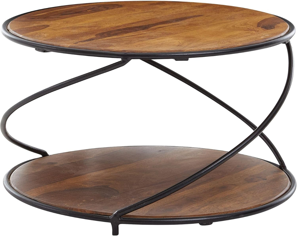 WOHNLING Table Basse 58x58x35 cm Table Basse en Bois de sheesham Massif/métal Ronde, Table de Salon Design Table Basse Solide