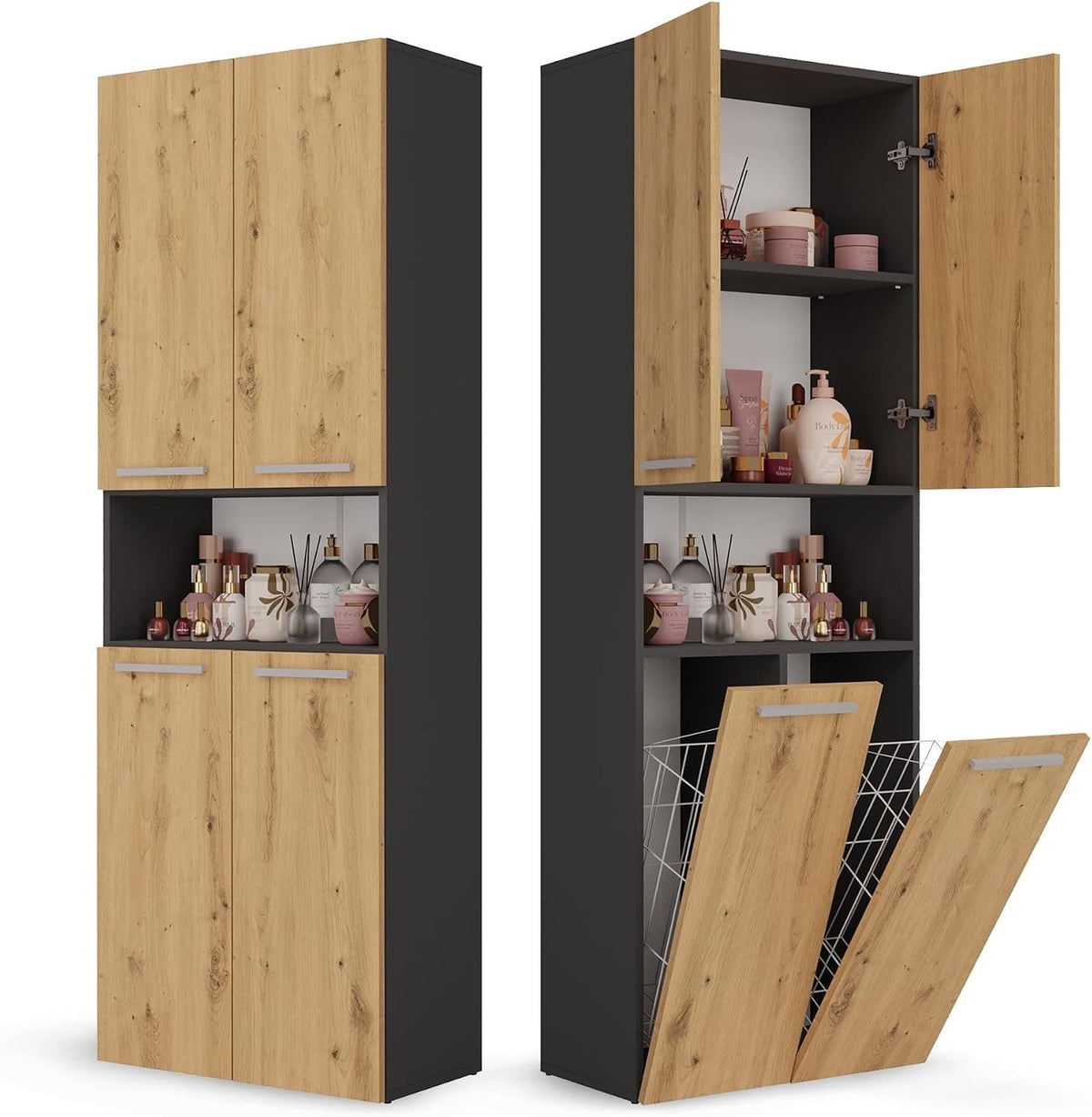 CDF Armoire Haute Salle de Bain Meuble Colonne de Salle de Bain Armoire de Rangement à 4 Portes avec Etagère Réglable pour Salon Cuisine