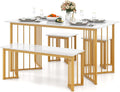RELAX4LIFE Ensemble Table et Chaises 4 PCS, à Manger avec 2 Tabourets et Banc Encastrables, Grain Marbre, Cadre en Métal Doré, pour Petit Espace