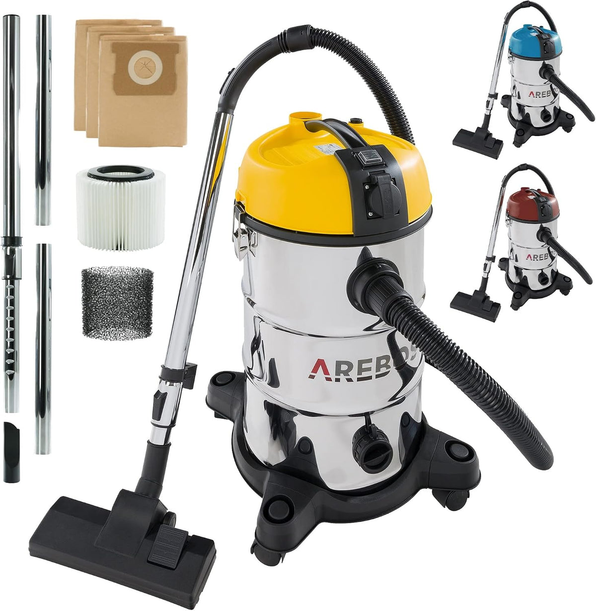 AREBOS Aspirateur Industriel, Aspirateur Eau et Poussière, Aspirateur Sec et Humide, 5en1, 1300W, 30L, Acier Inoxydable, Fonction de soufflage, Jaune