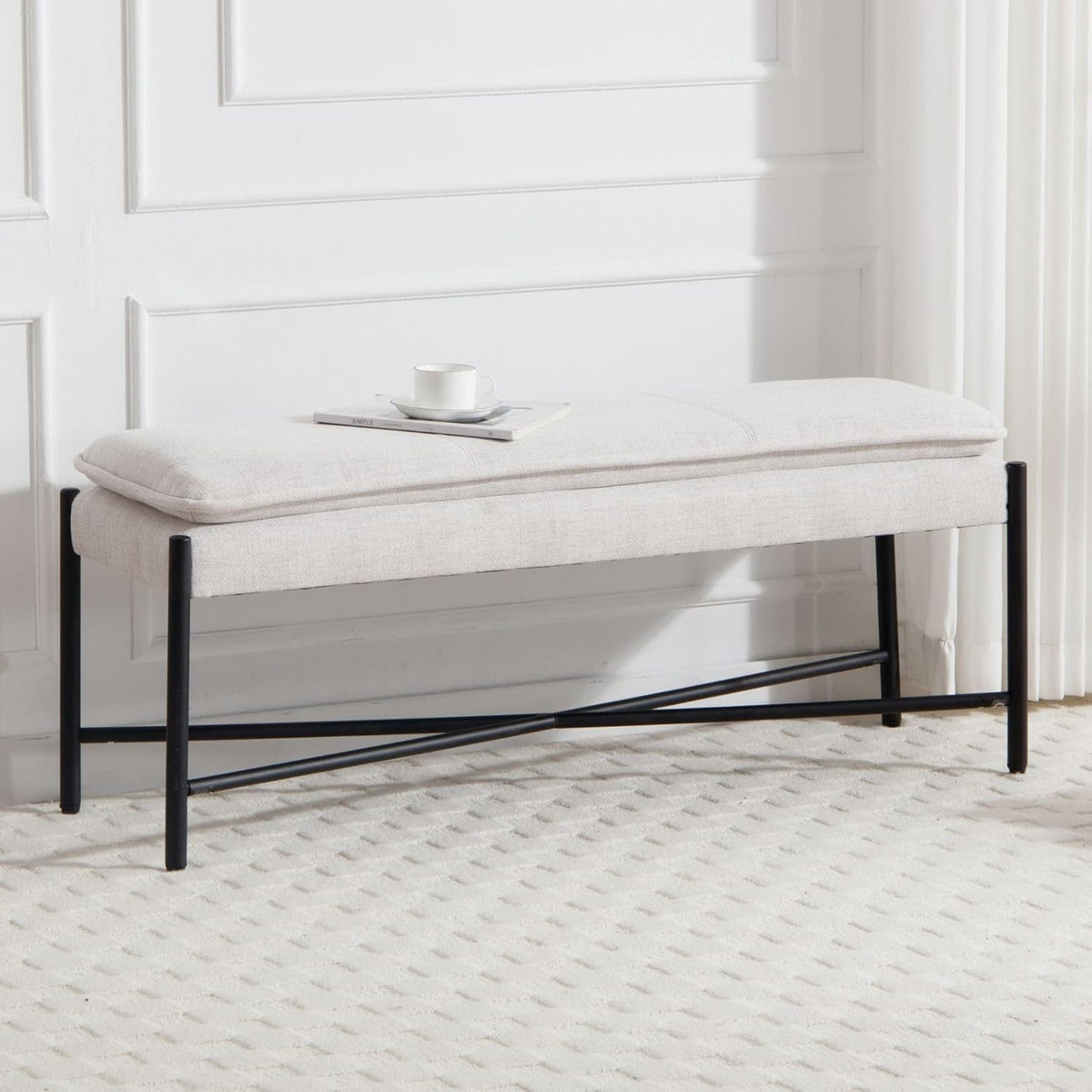 chairus Banc Entrée Banquette Capitonnée en Lin Bout de Lit avec Pieds en Métal Banc Ottoman pour Chambre Salon Couloir, Beige