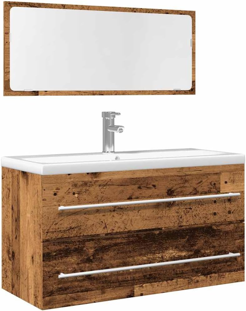 WRJENFSC Set Meuble Salle de Bain 2 pcs Bois ingénierie 90x38,5x48 cm Vieux Bois + Miroir, Rangement, humidité, Design Moderne