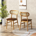 COSTWAY Chaise Salle a Manger Lot de 2, Chaise Salle a Manger Bois d'Hévéa, Dossier Rotin Cannage, Siège Rembourré en Similicuir