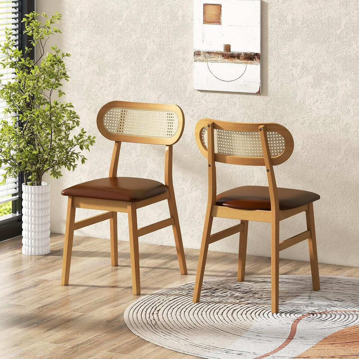 COSTWAY Chaise Salle a Manger Lot de 2, Chaise Salle a Manger Bois d'Hévéa, Dossier Rotin Cannage, Siège Rembourré en Similicuir