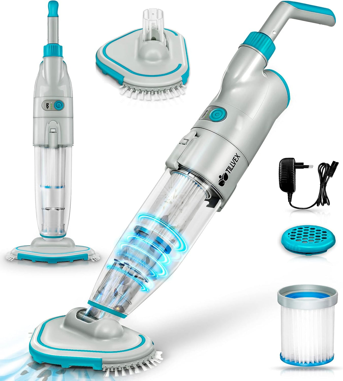 tillvex Aspirateur Électrique pour Piscines, Nettoyeur de Piscine sans Fil avec Manche Télescopique, Kit de Nettoyage avec Filtre & 2 Vitesses