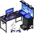 Coleshome Bureau Gaming avec LED, 110 x 80 cm Réversible Table Gaming avec Tiroirs et Prises de Courant