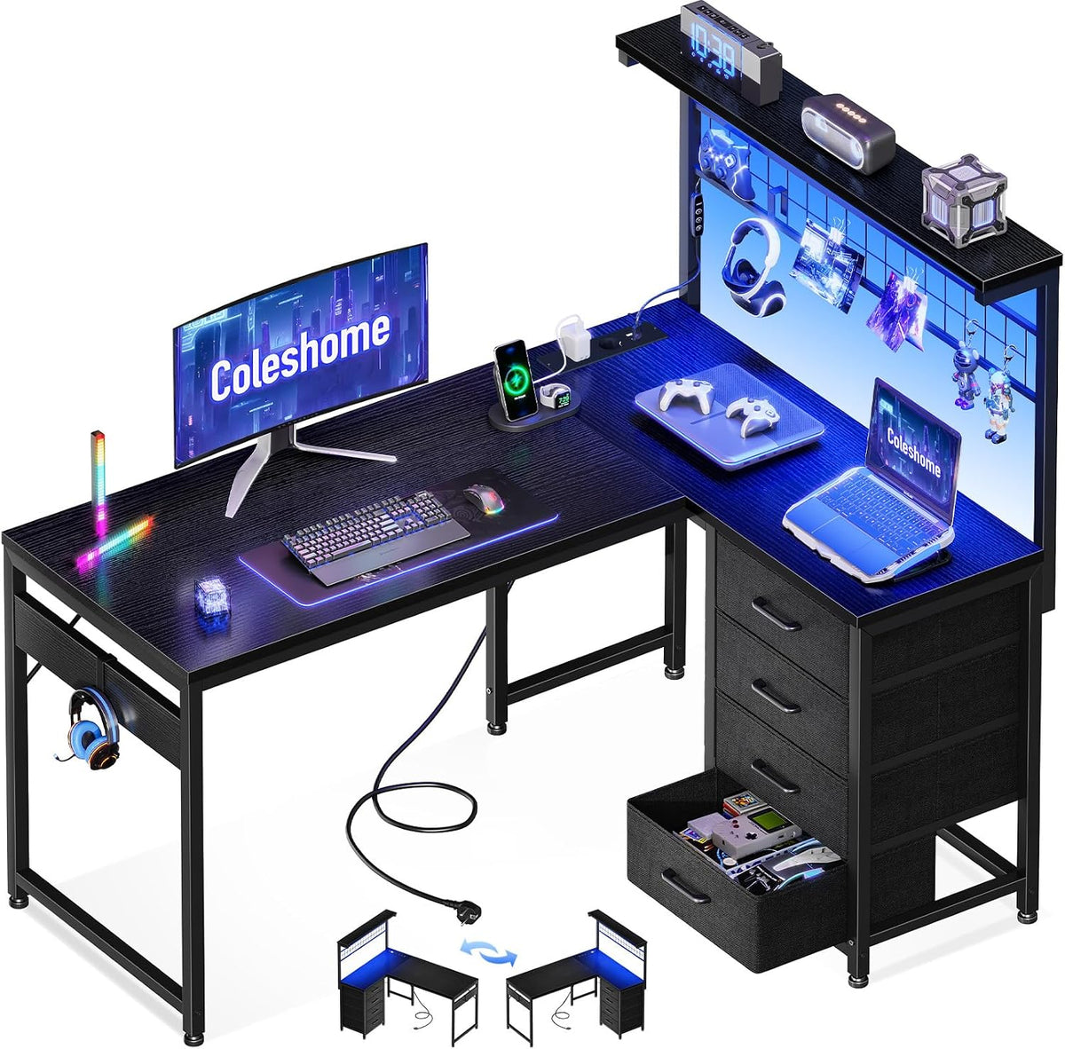 Coleshome Bureau Gaming avec LED, 110 x 80 cm Réversible Table Gaming avec Tiroirs et Prises de Courant