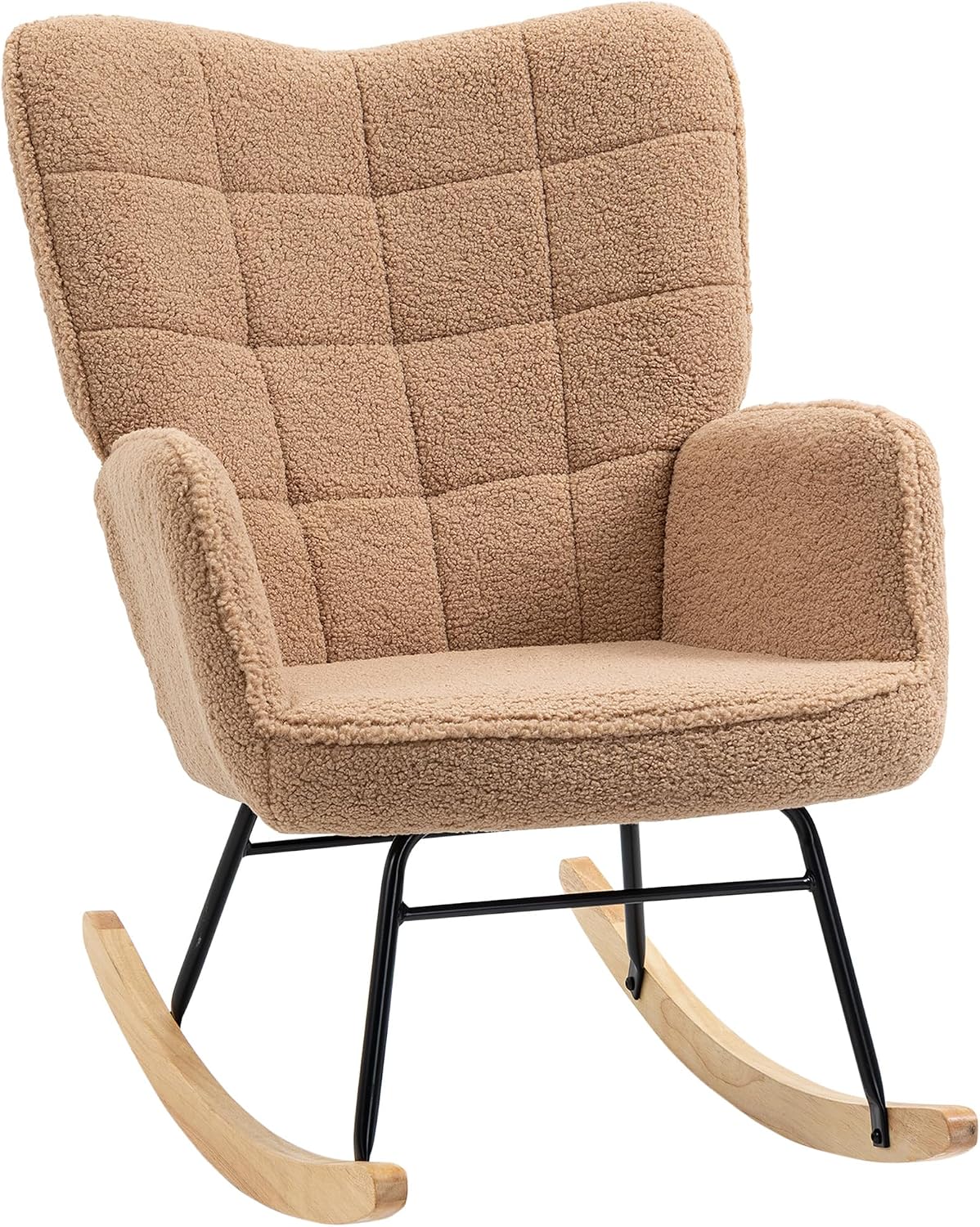 HOMCOM Fauteuil à Bascule, Rocking Chair, revêtement Bouclette, Chaise à Bascule, Structure en Acier, Pieds en Bois Massif, Marron