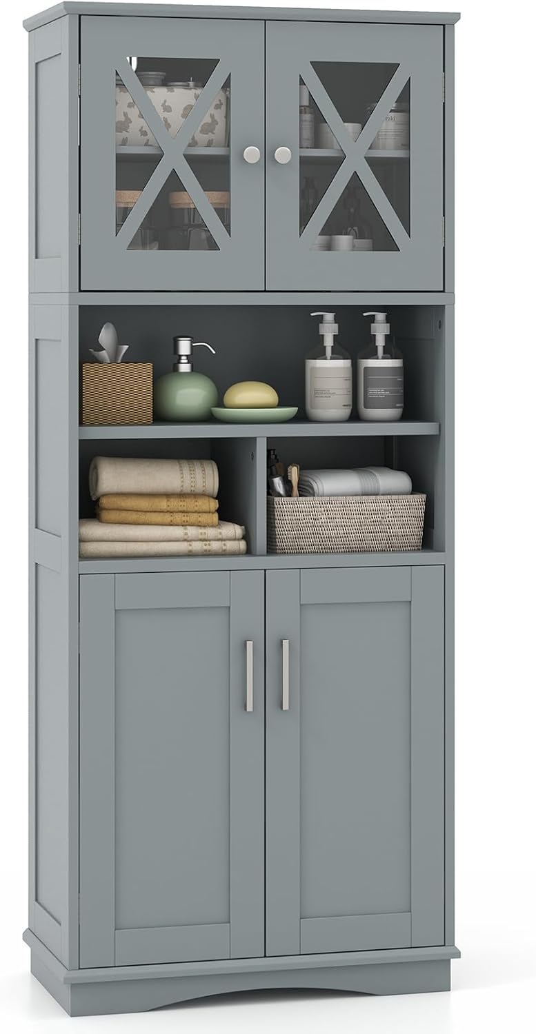 COSTWAY Armoire de Rangement de 145 cm de Haut, 2 Portes en Acrylique Transparent, 3 Compartiments Ouvertes, Colonne Salle de Bain Autoportante