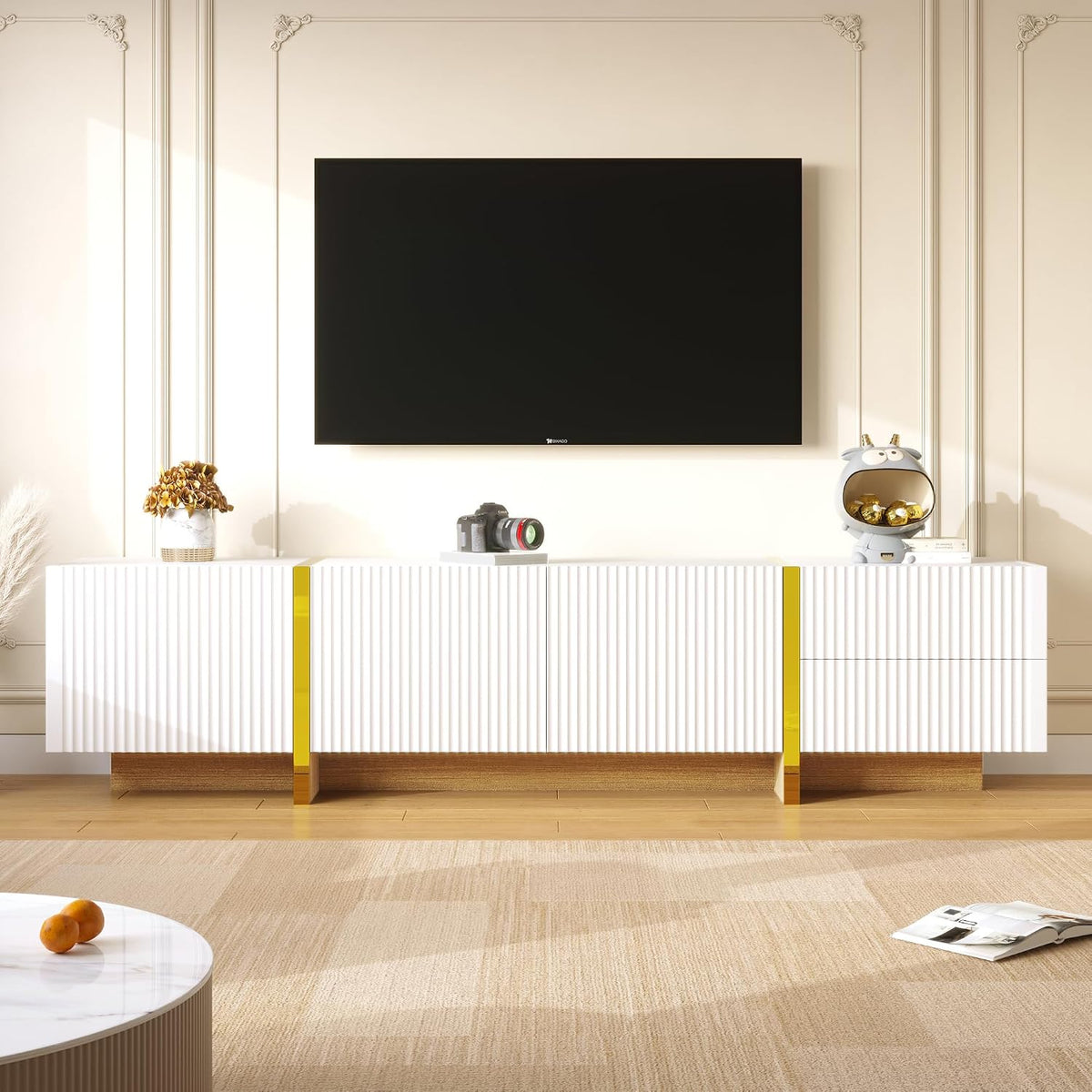 Meuble TV bas en blanc brillant / noir - Meuble TV blanc 190 cm - Avec 3 portes (avec étagère intérieure)