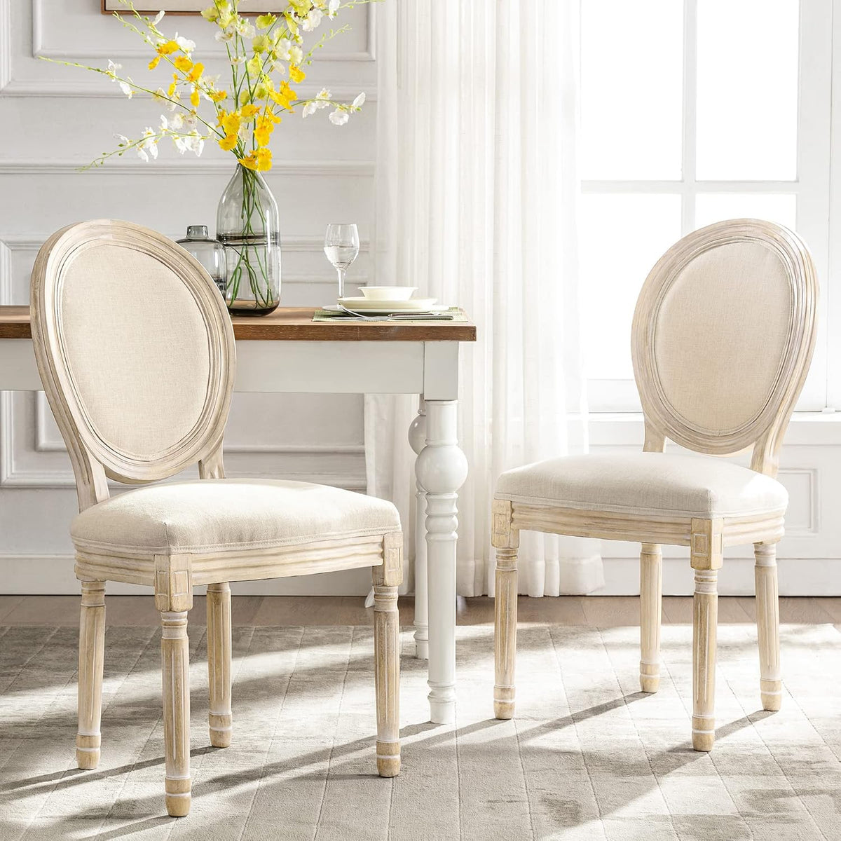 HomeMiYN Chaise Medaillon Lot de 2, Chaise de Salle à Manger de Style Louis-XVI en Tissu Lin, Chaises de Dîner Dossier Doux pour Chambre, Salon